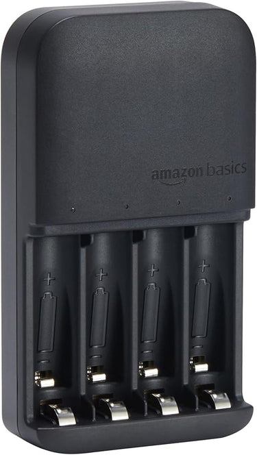 Amazon Basics Batterieladegerät für AA- und AAA-NiMh-Akkus, EU-Stecker, Für 4 Batterien, Schwarz